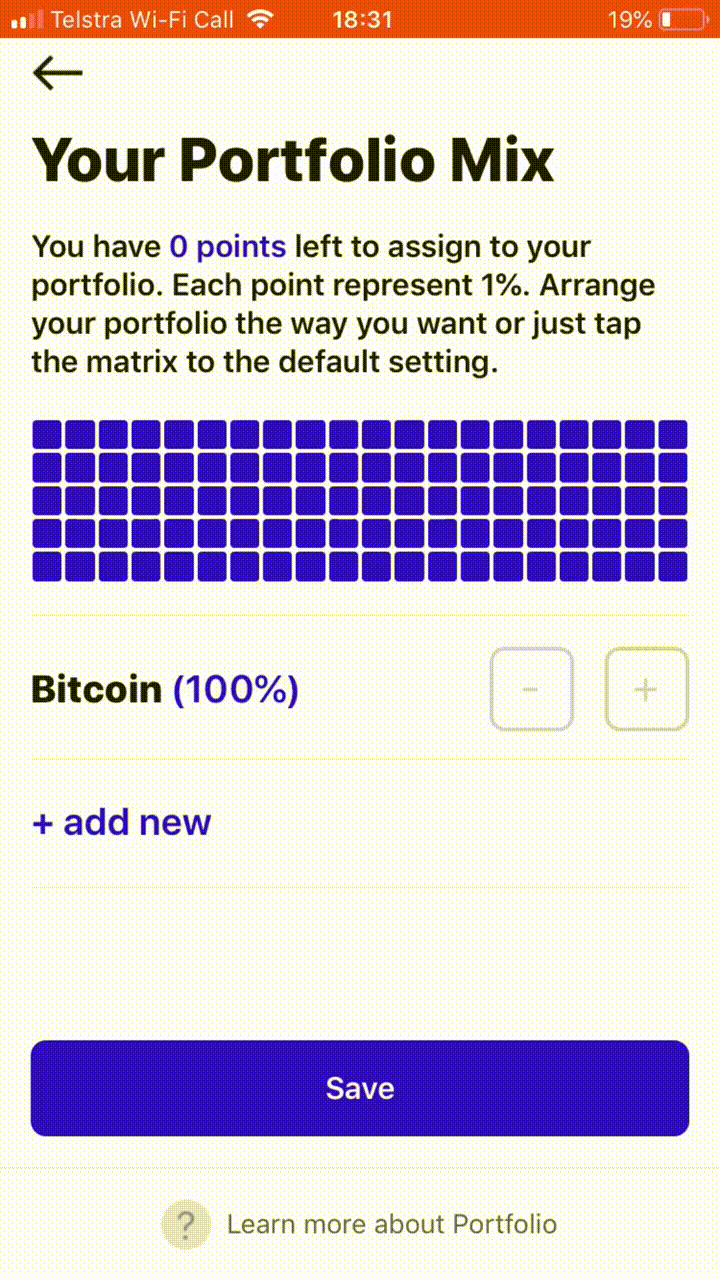 Bamboo App — Animation of changing portfolio composition from Bitcoin to a mix of 50% Bitcoin and 50% Gold